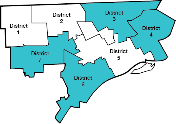 district map of Detroit, with Districts 3, 4, 6, and 7 shaded in